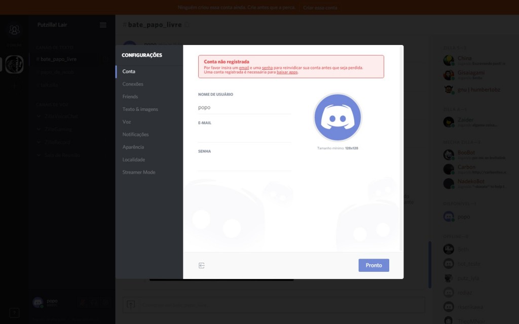 tela de configurações do Discord